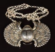 A hallmarked silver pendant in the form of a scarab beetle, on silver chain, maker C G & S, 36g
