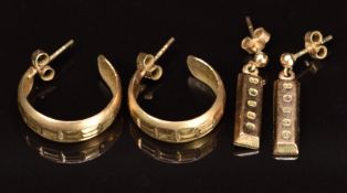 A pair of 9ct gold ingot earrings and a pair of 9ct gold hoop earrings, 3.9g
