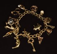 A 9ct gold charm bracelet with eleven 9ct gold and two 14k gold charms including pig, key, dolphins,