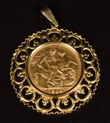 A 1903 gold full sovereign in 9ct gold pendant mount, 35mm diameter, 10.4g.