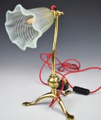 WAS Benson Arts & Crafts brass adjustable table lamp with frilled vaseline glass shade, impressed