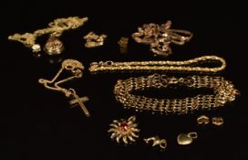 Four 9ct gold bracelets, three 9ct gold chains and pendants and three 9ct gold charms, 16.9g
