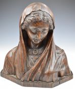 19th/20thC carved oak bust with three leaf clover / shamrock pendant possibly St Anne, H37 x W36cm