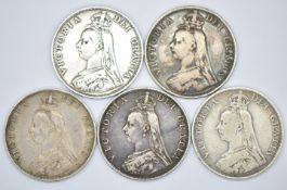Five Queen Victoria double florins comprising two 1887, two 1889 and a 1890 example