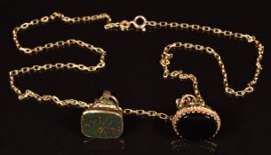 Two 9ct gold fobs / seals set with onyx and bloodstone, on 9ct gold chain, 8.9g