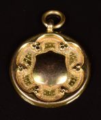 A 1930's 9ct gold fob/ medallion awarded to E Tomkins of Badsey Rangers, runners up in the Worcester