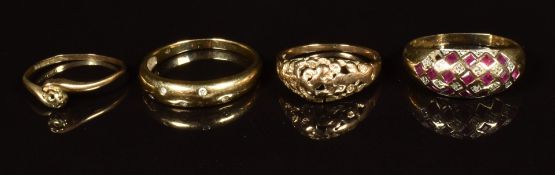 Two 9ct gold rings set with diamonds, and two other 9ct gold rings, 8.2g, two size S, two size M