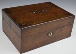 Victorian rosewood workbox with mother of pearl inlay and fitted interior with accessories, W27 x