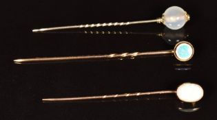 Victorian stick pin set with chalcedony, 9ct gold stick pin set with an opal cabochon and a 9ct gold