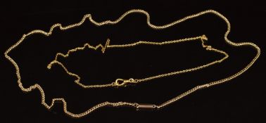 A c1900 9ct gold chain and yellow metal fob chain, length of longer 48cm, weight of both 5.5g