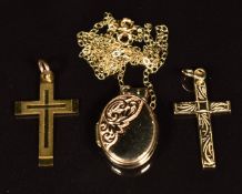 Two 9ct gold cross pendants, 9ct gold locket and 9ct gold chain, 3.1g