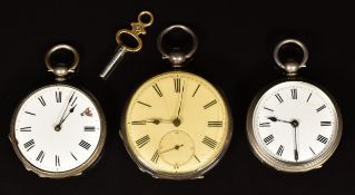 Three unnamed silver open faced pocket watches each with blued hands, black Roman numerals and white