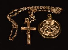A 9ct gold St Christopher pendant, a 9ct gold crucifix and 9ct gold chain, 9g