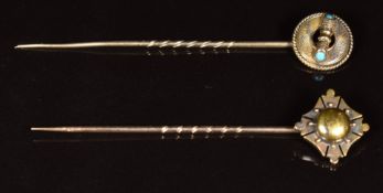 Two Victorian stick pins, one set with turquoise