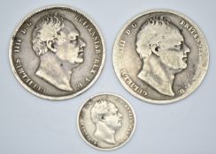 Two William IV half crowns, 1834 and 1836 together with an 1834 sixpence