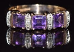 A 9ct gold ring set with amethysts and diamonds, 3.0g, size O