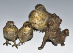 Three Austrian cold painted bronze animals comprising bird, dog and a pair of birds, height of
