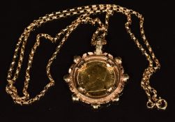A 9ct gold pendant set with a 1980 1/10 gold Krugerrand, on 9ct gold chain, 7.1g