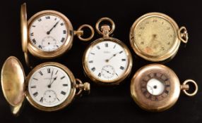 Five gold plated keyless winding pocket watches comprising three full hunters, a half hunter and
