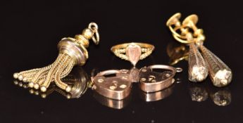 Victorian tassel charm, two 9ct rose gold heart padlocks (3.8g), Victorian earrings and a 9ct gold