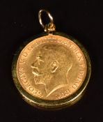 A 1914 gold half sovereign in 9ct gold pendant mount, 5.1g.