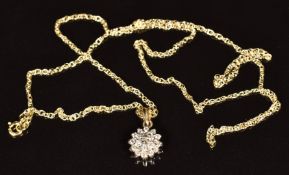A 9ct gold pendant set with diamonds in a cluster, on a 9ct gold chain, 1.3g