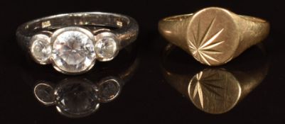 A 9ct gold signet ring (1.3g) and a silver ring