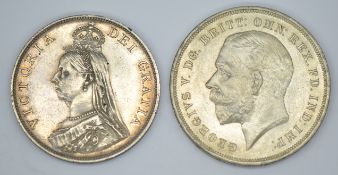 1887 Queen Victoria double florin and a 1935 George V crown