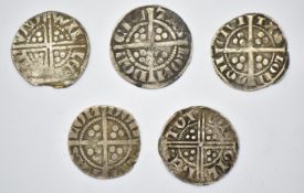 Five hammered silver pennies comprising two Henry III and three Edward I