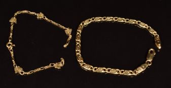 Two 9ct gold bracelets, one with butterfly decoration, length 17cm, the other length 18cm, weight of
