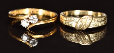 A 22ct gold ring set with two diamonds (2.1g) and a 9ct gold ring set with diamonds (1.5g), 3.5g,