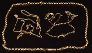 A c1900 9ct rose gold belcher necklace, length 42cm, 9ct gold chain and a section of 9ct gold chain,