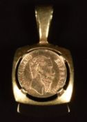 A 9ct gold pendant with 1865 Mexican Emperor Maximillian gold coin, probably 1 Peso, 3g