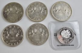 Five Canada silver dollars for 1960, 1961, 1962, 1963 and 1965 together with an Armenian ½oz