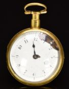 Michael Irish of Lewes gold plated open faced pocket watch with blued hand, black Arabic numerals,