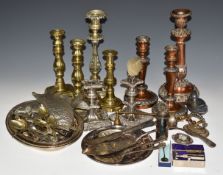 Silver plated and other metalware to include nine various candlesticks, height of tallest 30cm,