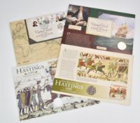 Two PNC stamp and coin covers comprising Captain Cook £2 and Battle of Hastings 50p