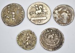 Five Roman Republic silver coins to include Marcus Philippus and Claudia, all around 18mm diameter
