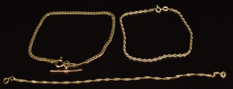 Three 9ct gold bracelets, one with T bar, 7.5g