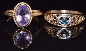 Two 9ct gold rings, one set with an amethyst the other with a sapphire, 3.3g, size J and N