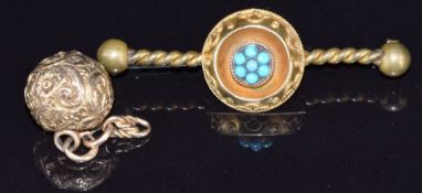 Victorian 9ct gold sphere charm and a Victorian brooch set with turquoise, 6.4g