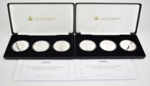 Two Jubilee Mint Centenary of World War I coin sets, both in fitted presentation cases