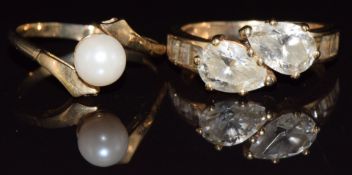 A 9ct gold ring set with a pearl and a 9ct gold ring set with cubic zirconia, 6g, size N/O