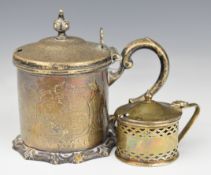 Victorian hallmarked silver mustard with blue glass liner, London 1859, maker John Evans II,