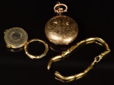 A 14k gold cased pocket watch (27.8g) and an 18k gold watch and strap (strap 5.8g)