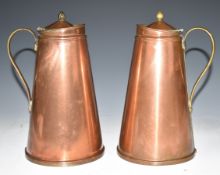 WAS Benson Arts & Crafts pair of ceramic lined copper and brass lemonade jugs, one impressed