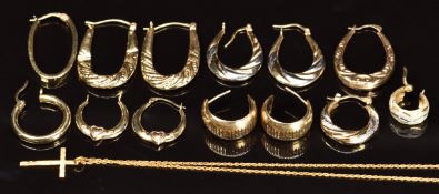 Three pairs of 9ct gold earrings, single 9ct gold earrings, 9ct gold chain and cross, 11.6g