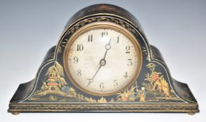 Chinoiserie lacquer cased mantel clock with silvered dial and French movement with platform