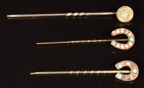 Two 9ct gold stick pins set with turquoise and seed pearls and a 9ct gold stick pin set with