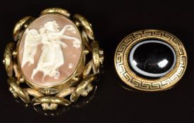 Victorian banded agate brooch with Greek key border and a Victorian pinchbeck cameo brooch
